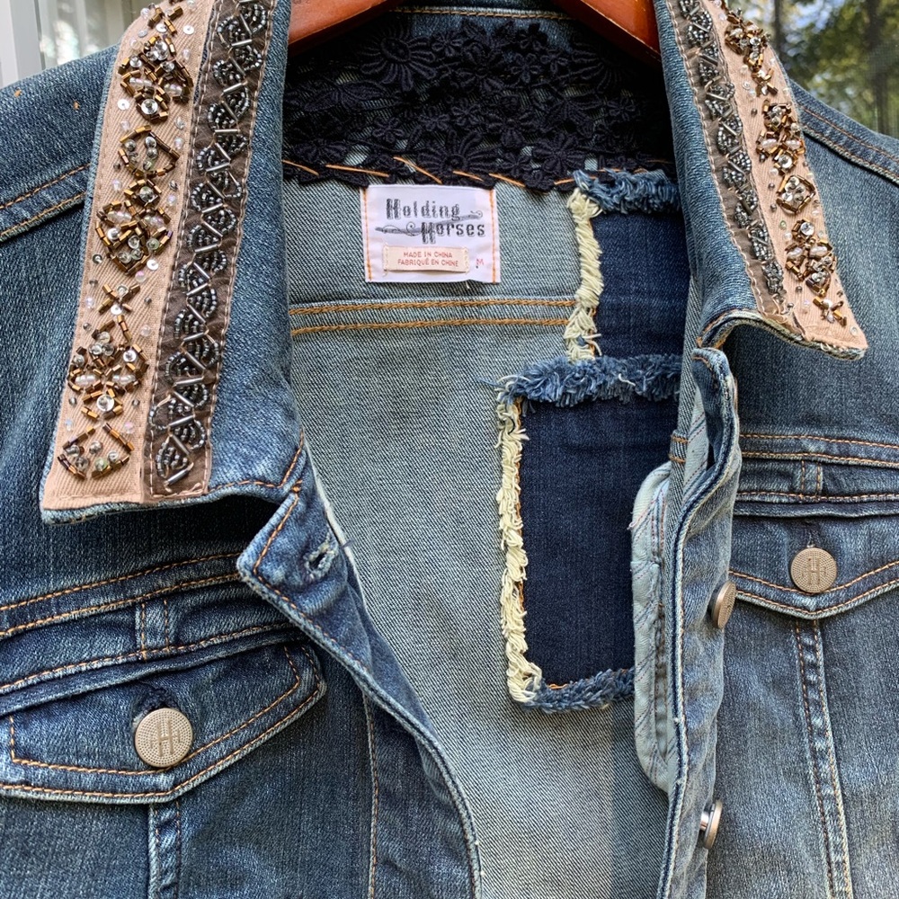 Anthropologie Jean jacket with beaded collar - Picture 3 of 7